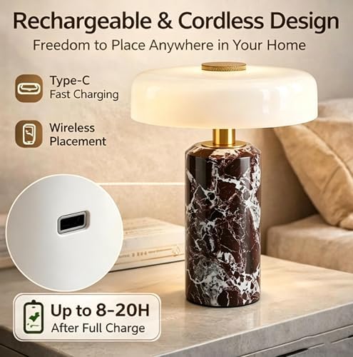 Marble Luxury Stone Rechargeable Touch Table Lamp, 3 Dimmable Cordless Design Bedside Lamp, Glass Lampshade, High-End and Light Luxury, for Console, Entryway, Foyer, Counter Purple - Image 2