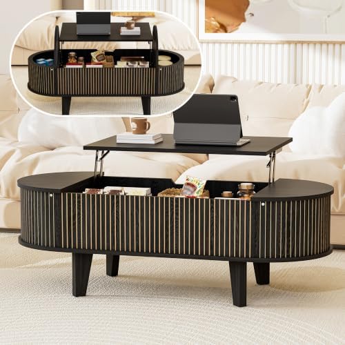Oval Lift Top Coffee Table with Storage, Fluted 47" Wood Mid Century Modern Coffee Table for Living Room, Black by Pruchant
