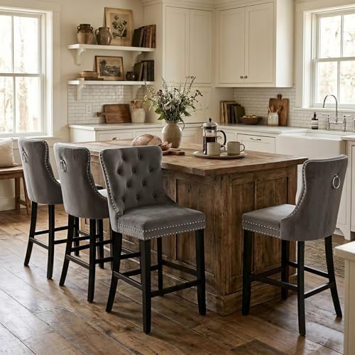 SoarFlash Modern Velvet Upholstered Bar Stools Set of 4 with Wood Legs, Button Tufted,Chrome Nailhead, Counterstool Seat, Armless Bar Chairs (Gray) by SoarFlash