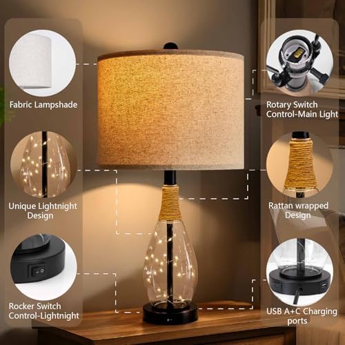 OYEARS Bedside Table Lamp with USB, 23‘’ Black Modern Nightstand Lamps for Bedroom, Retro Rattan Table Lamps for Night Stands, Living Room, Farmhouse Table Lamp with Glass Nightlight Lamps - Image 4