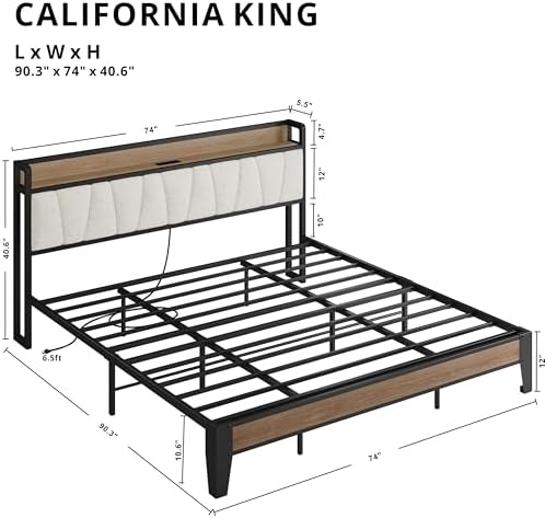 LIKIMIO California King Bed Frame with Storage Headboard & Charging Station - Image 2