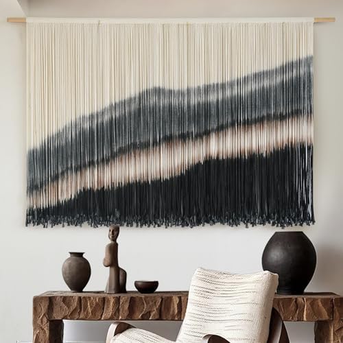 Jakalin Macrame Wall Hanging Black Dip Dye Fiber Tapestry Handmade 57"x35" - Image 3