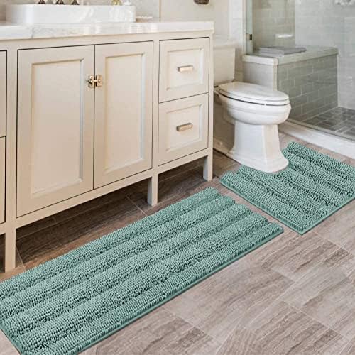 H.VERSAILTEX Bathroom Rugs Bath Rug Set 2 Piece Bathroom Contour Rug Toilet Mat Sets Non Slip Contour Bath Rug Ultra Thick Water Absorbent Striped Bath Mats(47" x 17" Plus 20" x 20" U, Eggshell Blue) by HVERSAILTEX