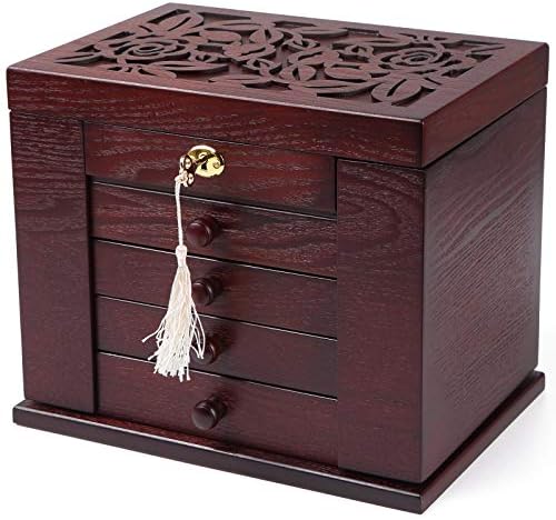 Changsuo Wooden Jewelry Box for Women, Organizer Box of Solid Wood with Lock and Key for Jewelries, Watches, Necklace, Ring, Lockable Storage Case (Burgundy) by ChangsuoProducts