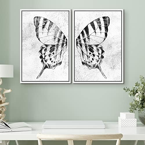 SIGNWIN Framed Canvas Print Wall Art Set Black & White Monarch Butterfly Wing Insect Nature Wilderness Illustrations Modern Art Rustic Relax/Calm for Living Room, Bedroom, Office - 24"" x36 x2 White - Image 2