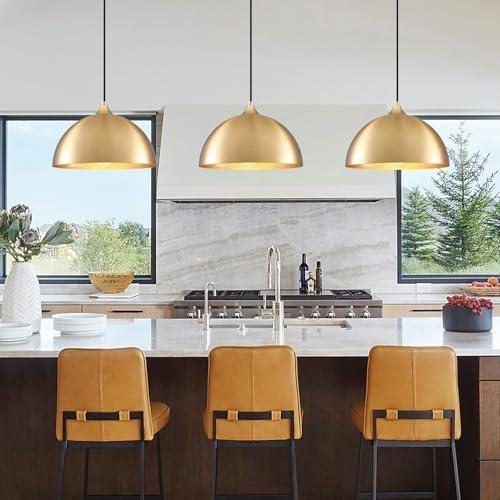 Gold Pendant Light 11.8", Industrial Dome Pendant Lights with Gold Interior, Adjustable Farmhouse Hanging Light for Kitchen Island Dining Room Bedroom Restaurant, 3 Pack - Image 3