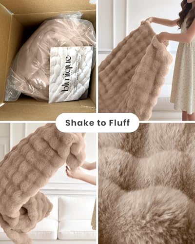 Ultra Soft Cozy Faux Fur Throw Blanket, Fuzzy Plush Thick Bubble Blanket, Oversize Luxury Fluffy Blanket for Couch, Bed, and Living Room, 60x80 Inches, Light Brown - Image 4