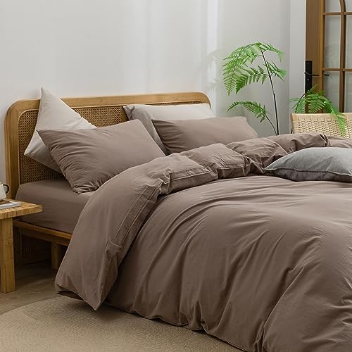 BESTOUCH Cotton Solid Duvet Cover Set Linen Feel Pine Bark Brown Full - Image 2