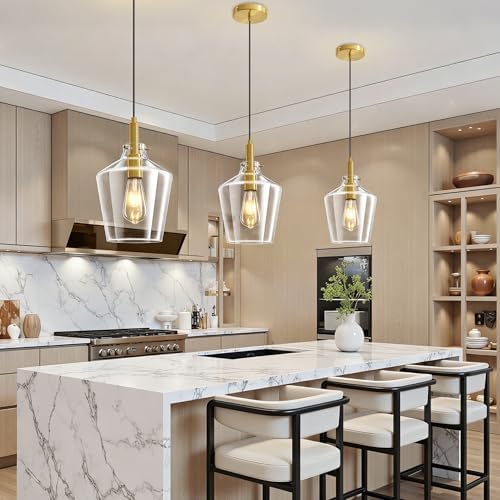 Glass Pendant Lighting for Kitchen Island Entryway 3 Pack Gold Clear 8 Inch - Image 3