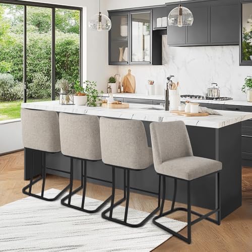 Counter Height Bar Stools Set of 4, 24 Inch Seat Height Bar Chairs for Kitchen Island, Linen Fabric Upholstered Barstools with Metal Feet for Dining Room, Sand Color by KRAMZMINGQualityHome