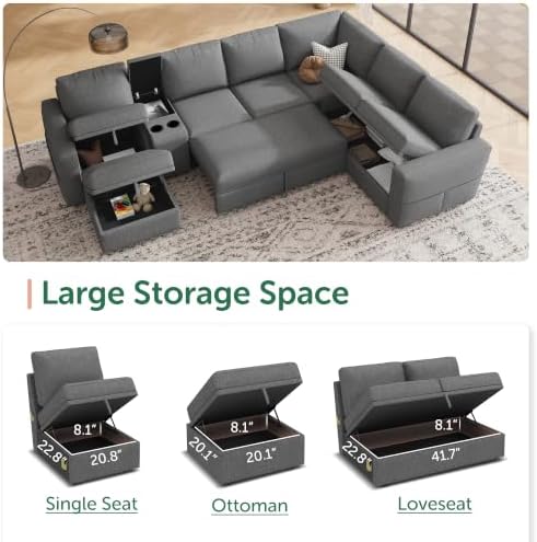 HONBAY Modular Sleeper Sofa with Pull Out Bed, Central Console, Grey - Image 3