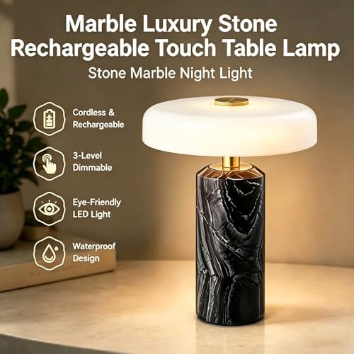 Modern Luxury Marble Desk Lamp -Rechargeable Touch Desk Lamp Nordic Style Office and Living Room Elegant Decoration for Apartments and Hotels Black - Image 3