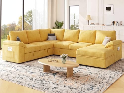 106'' Modular Sectional Sofa with Pull Out Bed, Sleeper Sofa, Yellow - Image 2
