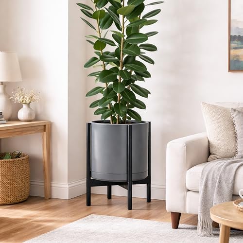D'vine Dev Ceramic Pot with Ebony Wood Stand, Grey, 14 in, 55-B-S-3 - Image 4