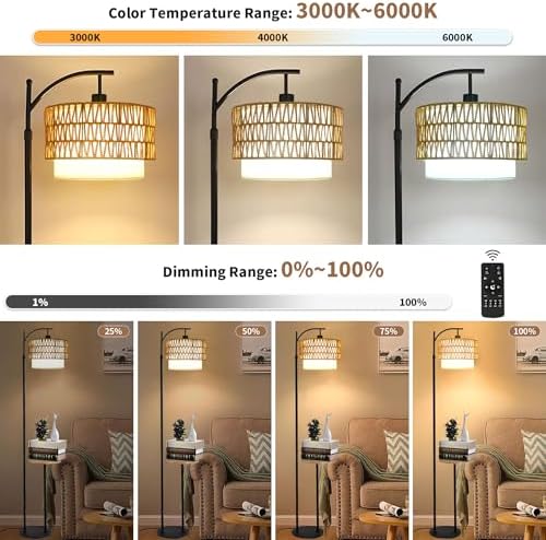 ZECOXOL Arc Floor Lamp with Table and Shelves,Rattan Boho Floor Lamp with Remote Control,Rustic Floor Lamps for Bedroom Wicker Standing Lamp with 3 Color Temperature Tall Lamp for Living Room Corner - Image 2