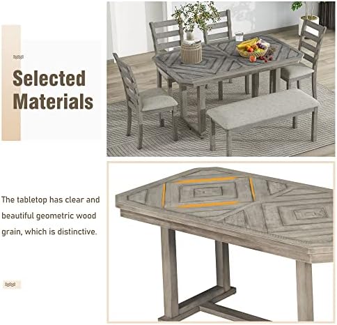 Solid Wood 6-Piece Dining Room Table Set with Beautiful Wood Grain Pattern Tabletop, Rustic Style Kitchen Dining Table Set with 4 Padded Ergonomic Chairs & a Bench (Gray-Grain) - Image 5