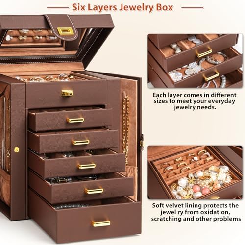 AKOZLIN 6-Tier Jewelry Box Organizer 5 Drawers Storage Brown Regular - Image 3