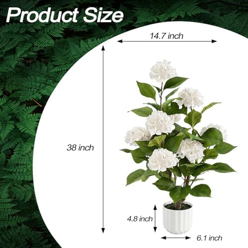 3FT Artificial Hydrangea Tree 2 Pack, Realistic Faux Hydrangea Plants in Pot with White Flowers, Lifelike Faux Greenery Home Indoor Outdoor Front Porch Garden or Wedding, White - Image 3