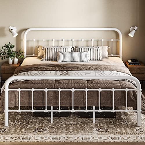 Allewie King Metal Bed Frame with Victorian Iron-Art Headboard, White by Allewie
