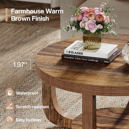 Tribesigns Round Coffee Table, 2-Tier Circle Coffee Table with Storage, Modern Wooden Accent Center Table for Living Room, Thick Tabletop & Base, Dark Brown - Image 6