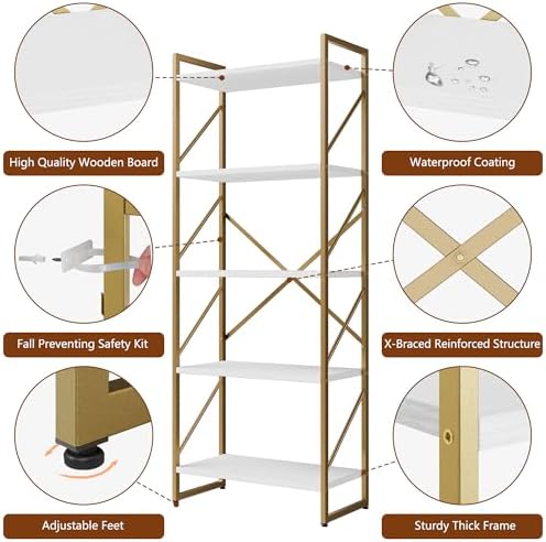 Shintenchi 5 Tiers Bookshelf, Classically Tall Bookcase Shelf,Industrial Book Rack,Modern Book Holder in Bedroom/Living Room/Home/Office, Storage Rack Shelves for Books/Movies,Gold - Image 4