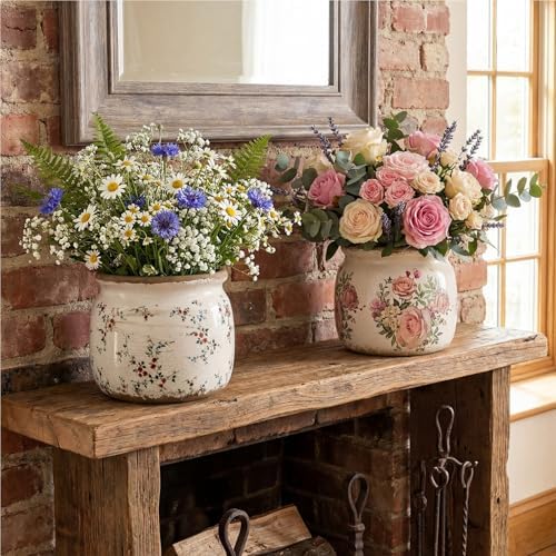 2 Pcs Vintage Planter Ceramic Plants Pot with Drainage Ice Crack Scroll Flower Vase Pot for Indoor Outdoor Plants Home Kitchen Decor Gifts(Farmhouse Rose,5.9") - Image 5