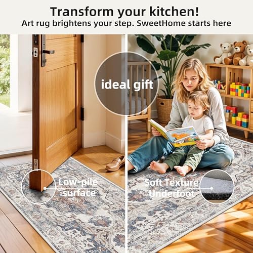 Washable Kitchen Rug Set of 3: Boho Non-slip Soft Stove Sink Mat Light Weight Stain Resistant Carpet for Dog Bowl Area Comfort Tile/Hardwood Floors Protection Mat for Entryway Foyer(2x3+2x4+2x5,Brick) - Image 3