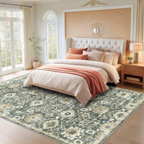 Amada 6x9 Washable Area Rug for Dining Room, Green/Brown, Vintage Pattern - Image 3