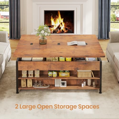 Itaar Lift Top Coffee Table Set, 43'' Multi-Function Coffee Table with Storage Drawers and Hidden Compartment, Center Table with Ottoman Bench for Living Room, Rustic Brown - Image 5