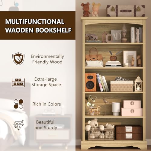 TVU 5-Tier Wooden Bookshelf, 65 Inch Tall Bookshelf with Storage, Floor Standing Modern Style Display Bookcase for Living Room, Office, Study Room, Entryway, Natural Wood Color - Image 3