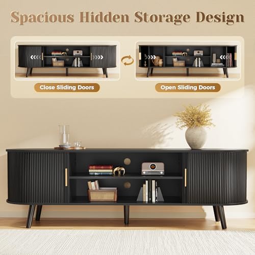 PRAISUN 63 Inch Fluted TV Stand for TVs up to 55, 65 Inch, TV Media Console with Power Outlets and USB-C Port, Entertainment Center with Storage, Curved Sliding Doors, Adjustable Shelf, Black - Image 5
