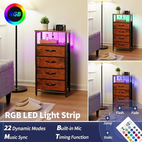 Yoobure Night Stand - LED Rustic Nightstand with Charging Station for Dorm - Image 4