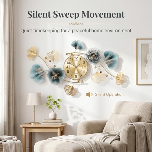 47" 3D Ginkgo Leaf Metal Wall Clock for Home Wall Decor - Image 6