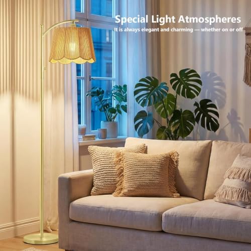 Rattan Boho Arc Floor Lamp with Flower-Inspired Scalloped Woven Shade - Image 3