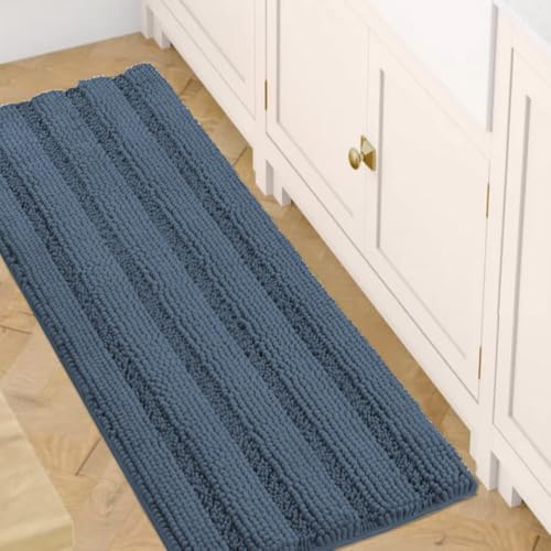 H.VERSAILTEX Bath Rugs for Bathroom Non Slip Bath Mats Thick Chenille Striped Bath Rug Runners 47" x 17" Absorbent Fluffy Soft Shaggy Mats Dry Fast Plush Area Carpet for Bath Room - Blue Indigo by HVERSAILTEX