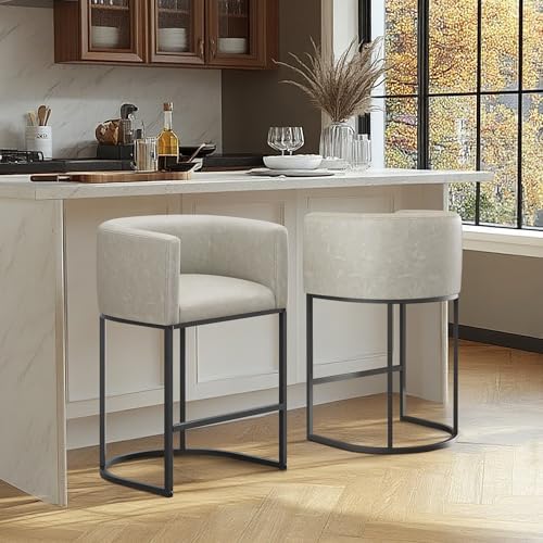 Counter Height Bar Stools Set of 2, Modern Counter Stools for Dining Room, 24 Inch Barstools for Kitchen Island, Faux Leather Bar Stool with Metal Legs and Back Footrest, Greige(White) - Image 7