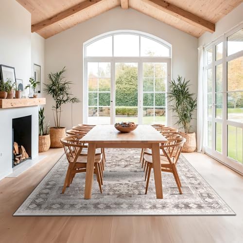 Washable Farmhouse Living Room Rug, 8x10 Area Rugs for Bedroom, Dining Room Under Table Carpet, Kids Room, Large Boho Vintage Non-Slip Floral Rugs Low Pile Stain Resistant (8x10 Beige/Latte) - Image 3