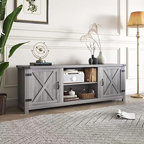 YESHOMY Modern Farmhouse TV Stand with Barn Door for 65 Inch TV, Gray Wash - Image 4