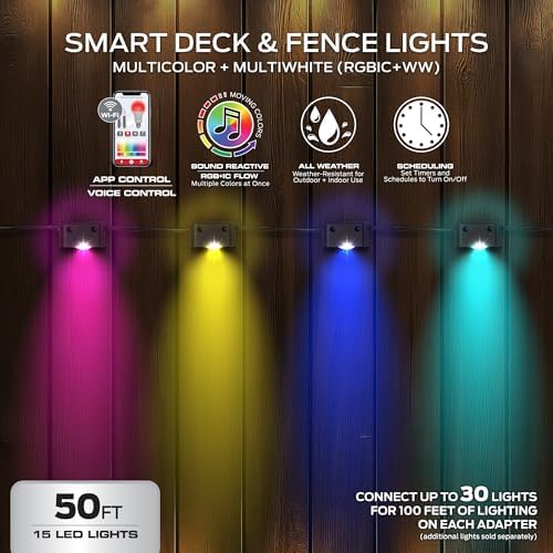 Monster Smart 50ft Deck & Fence Lights, WiFi Color Changing Outdoor LED String Lights, Multi-Color + Warm White, App & Voice Control, Music Sync, Waterproof, Compatible with Alexa & Google - Image 6