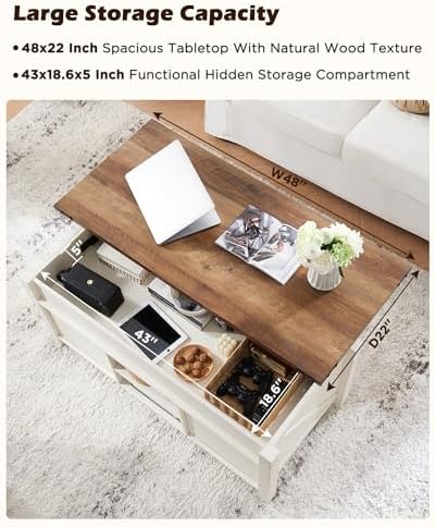 OKD 48" Farmhouse Lift Top Coffee Table, Sliding Barn Door, Antique White - Image 4