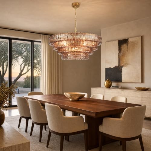 36-Inch 4-Tier Smoke Gray Glass Chandelier, 12-Light Brass Chandelier - Image 3