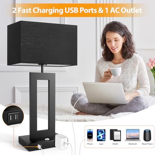 3 Color Temperatures Black Table Lamps for Bedrooms Set of 2, 22’’ Touch Control Bedside Nightstand Lamps with 2 USB Ports & AC Outlet, Modern Lamp Sets for Living Room, Stepless Dimming, Black Shade - Image 5