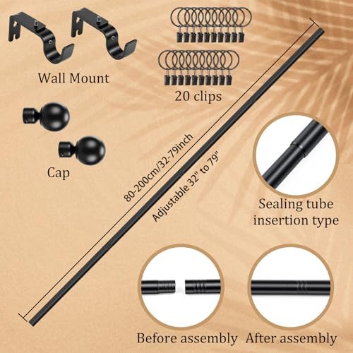 Marsui Quilt Hanger for Wall Display, Round Cap Tapestry Rod 32"-79", Black - Image 2