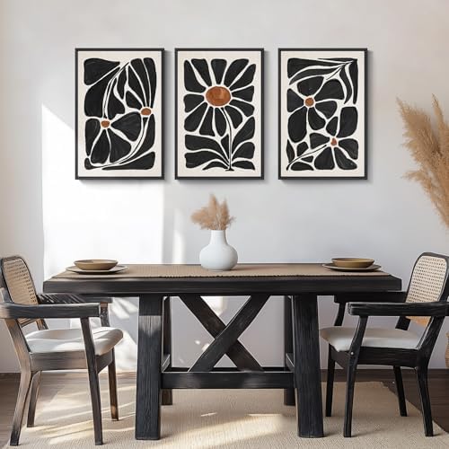 Large Framed Black and White Boho Floral Wall Art, 3 Piece Vintage Botanical Artwork for Walls, Bohemian Flowers Canvas Prints for Living Room Bedroom Hallway Office Home Decor, Total 30x60 Inch - Image 4
