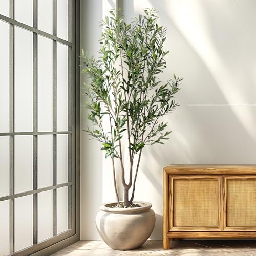 Erimda 7FT Artificial Olive Tree Tall Faux Silk Plant Tall Faux Olive Tree with Natural Wood Trunk & Lifelike Fruits Fake Potted Tree or Home Office Decor - Image 2