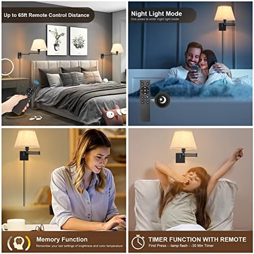 TRLIFE Wall Sconce Plug in, Remote Control Dimming 10-100% and Adjustable Color Temperature 2700K-6500K Swing Arm Wall Lights with Plug in Cord, 11.8" Large Beige Fabric Shade(2 Pack, 2 Bulbs) - Image 3