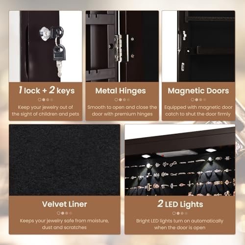 NAFORT 2 LEDs Mirror Jewelry Cabinet, 47.5-Inch Tall Wall or Door Mounted Jewelry Organizers and Storage with Frameless Full-length Mirror, Lockable Jewelry Armoire with 2 Drawers, Espresso - Image 3