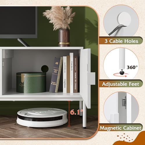 WLIVE 58" TV Stand for 65 Inch TVs, Mid Century Modern Entertainment Center with 2 Storage Cabinets & Open Shelf, Media Console Table with Metal Legs for Living Room, Bedroom, White - Image 5