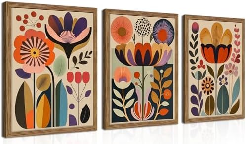 Framed Colorful Floral Wall Art Set of 3, Abstract Scandinavian Flower Canvas Wall Decor Paintings, Mid Century Modern Botanical Artwork Pictures Prints for Living Room Bedroom Dining Room 16x24 Inch by fancynewWallArt