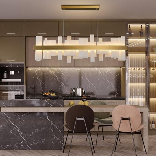 Alabaster Rectangle Chandelier, Natural Spanish Stone Texture Chandeliers, 46.8" Adjustable Alabaster Chandelier Over Table for Dining Room, Bedroom, Island– Modern Luxury Ceiling Lighting - Image 6